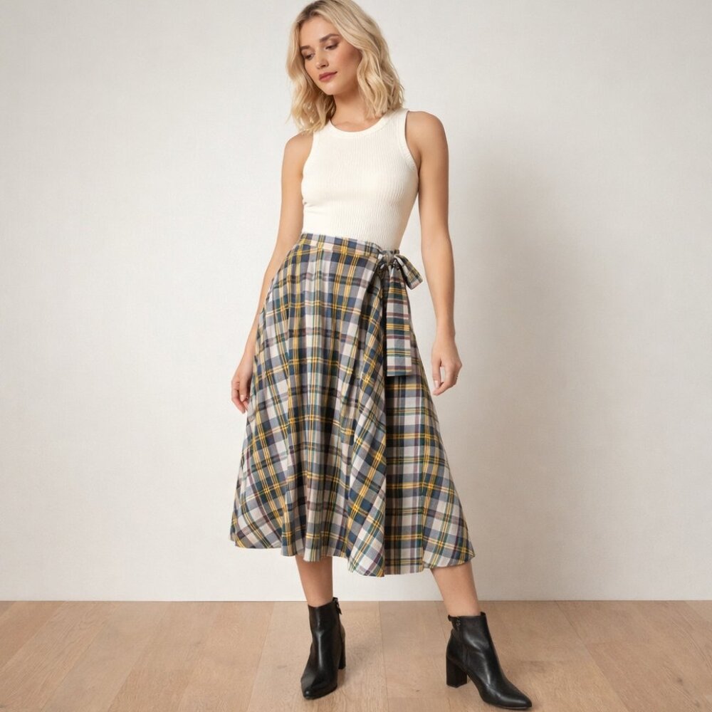 JW Anderson x Uniqlo Plaid Faux Wrap Midi Skirt Tie Waist A-Line 0